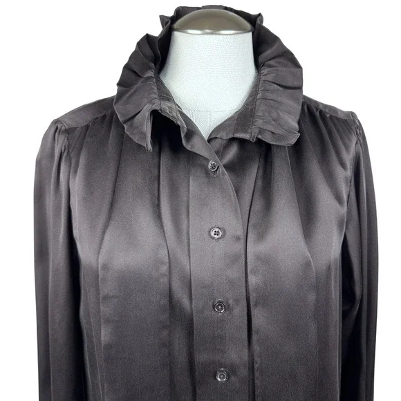 EQUIPMENT Femme Women Brown Silk Ruffle Neck Bow Button Down Blouse Shirt Small - Picture 6 of 10